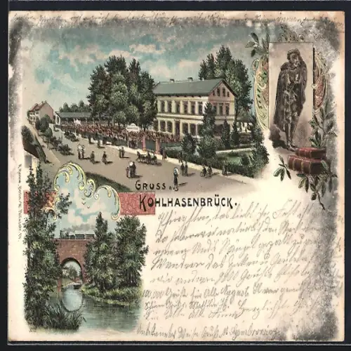 Lithographie Berlin-Wannsee, Kohlhasenbrück, Gasthaus, Eisenbahnbrücke, Michael Kohlhase