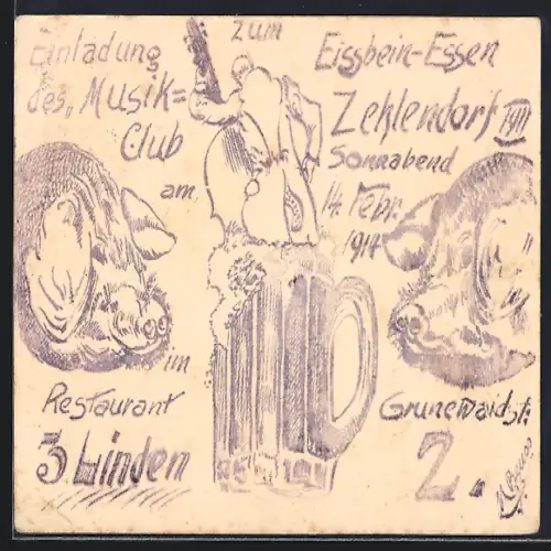 Künstler-AK Zehlendorf, Einladung des Musik-Club im Restaurant 3 Linden, Eissbein-Essen 14. Febr. 1914