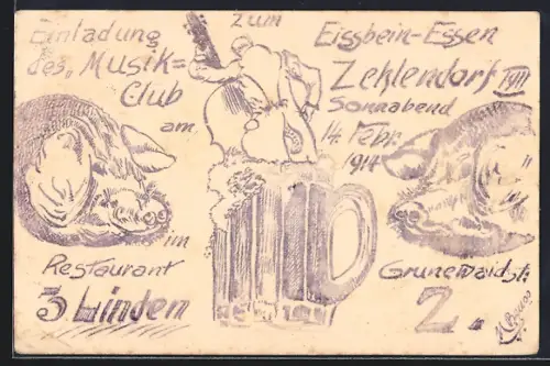Künstler-AK Zehlendorf, Einladung des Musik-Club im Restaurant 3 Linden, Eissbein-Essen 14. Febr. 1914