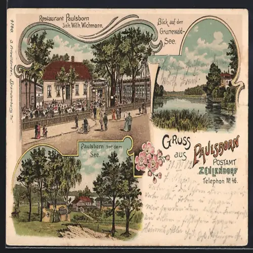 Lithographie Berlin-Grunewald, Restaurant Paulsborn, Blick auf den Grunewald-See
