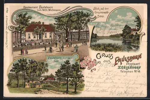 Lithographie Berlin-Grunewald, Restaurant Paulsborn, Blick auf den Grunewald-See