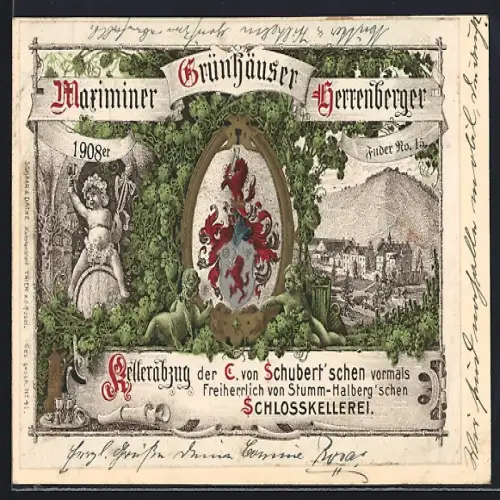 Künstler-AK Traben-Trarbach, Weine Grünhäuser u. Herrenberger, Kellerabzug der C. von Schubert`schen Schlosskellerei