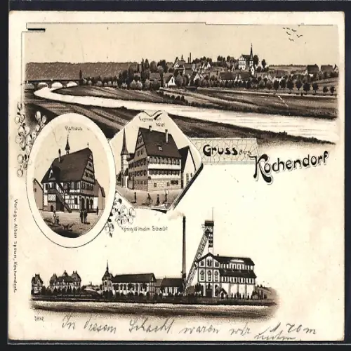 Künstler-AK Kochendorf / Friedrichshall, Rathaus, Gasthaus zum Adler, König Wilhelm Schacht