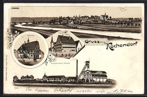 Künstler-AK Kochendorf / Friedrichshall, Rathaus, Gasthaus zum Adler, König Wilhelm Schacht