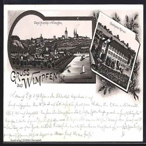 Lithographie Wimpfen a. N., Badhotel Ritter, Totalansicht der Stadt