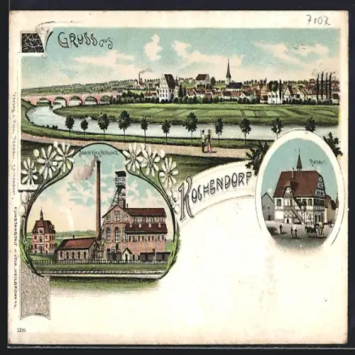 Lithographie Kochendorf / Friedrichshall, Ortsansicht, Schacht König Wilhelm II., Rathaus