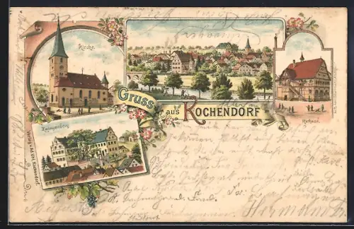 Lithographie Kochendorf / Friedrichshall, Zwingenberg, Rathaus, Kirche, Teilansicht der Ortschaft