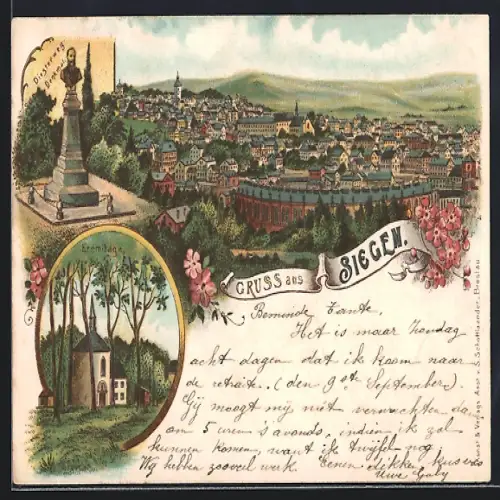 Lithographie Siegen, Diesterweg-Denkmal, Eremitage, Ortsansicht aus der Vogelschau