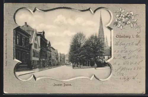 AK Oldenburg i. Gr., Strasse Innerer Damm mit Kirche im Passepartout