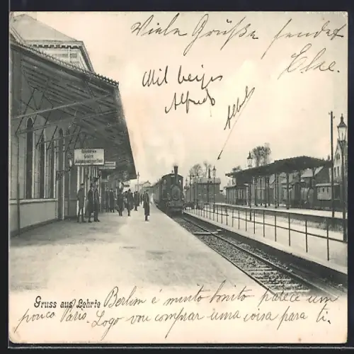 AK Lehrte, Bahnhof mit ankommendem Zug, Dampflokomotive