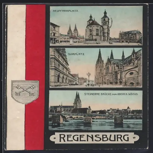 AK Regensburg, Domplatz, Neupfarrplatz, Steinerne Brücke, Wappen
