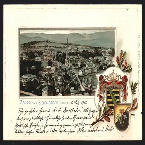 Passepartout-Lithographie Eibenstock i. Erzgeb., Ortsansicht mit Kirche, Wappen