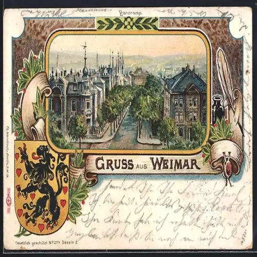 Lithographie Weimar / Thüringen, Strassenpartie aus der Vogelschau, Wappen