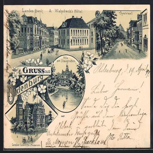 Lithographie Oldenburg / Grossh., Wahnbeck`s Hotel & Landesbank, Theaterwall, Villa am Staugraben
