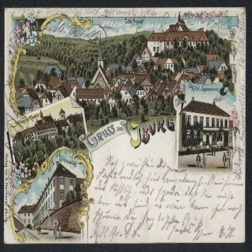 Lithographie Iburg, Hotel Gersemann, Schloss u. Kloster, Schlossplatz