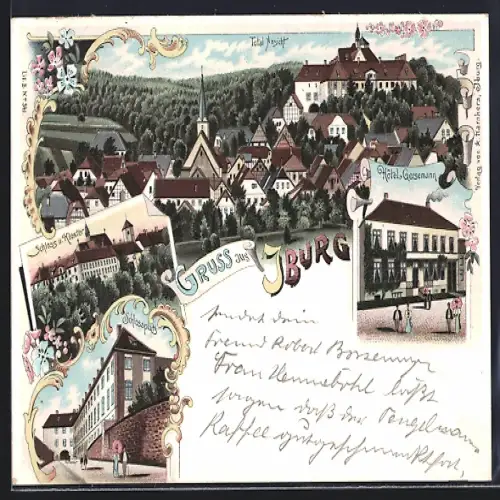Lithographie Iburg, Hôtel Gersemann, Schloss und Kloster, Schlossplatz