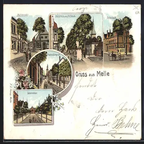 Lithographie Melle, Mühlenstrasse mit Geschäft, Marktplatz mit Rathaus, Postgebäude u. Postkutsche