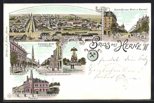 Lithographie Herne i. W., Bahnhofsrtasse mit Blick n. d. Bahnhof, Kirchplatz, Postamt