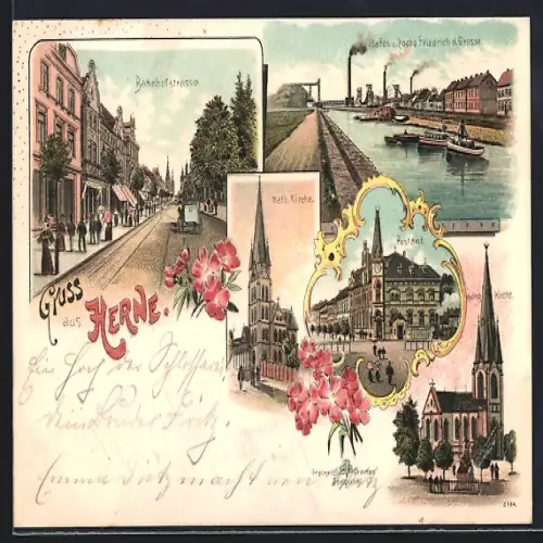 Lithographie Herne, Bahnhofstrasse, Kath. Kirche, Postamt, evang. Kirche, Hafen & Zeche Friedrich d. Grosse