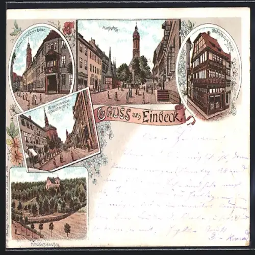 Lithographie Einbeck, Hotel Goldener Löwe, Waldschlösschen, Marktplatz