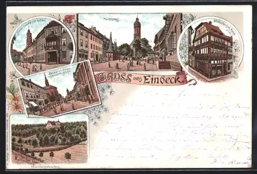 Lithographie Einbeck, Hotel Goldener Löwe, Waldschlösschen, Marktplatz