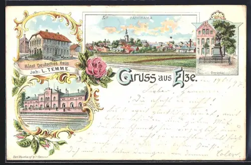 Lithographie Elze / Hannover, Hotel Deutsches Haus, Inh. L. Temme, Bahnhof, Denkmal