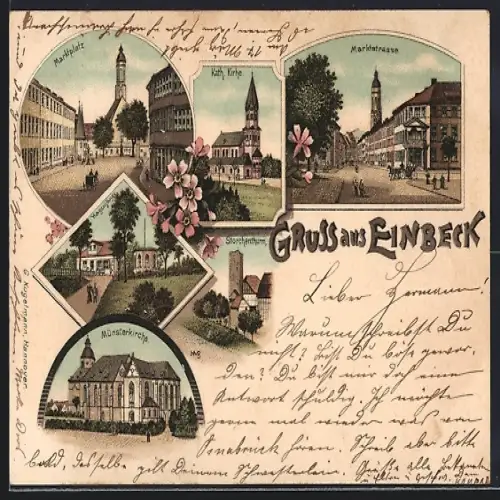 Lithographie Einbeck, Marktplatz, Kath. Kirche, Storchenturm, Münsterkirche