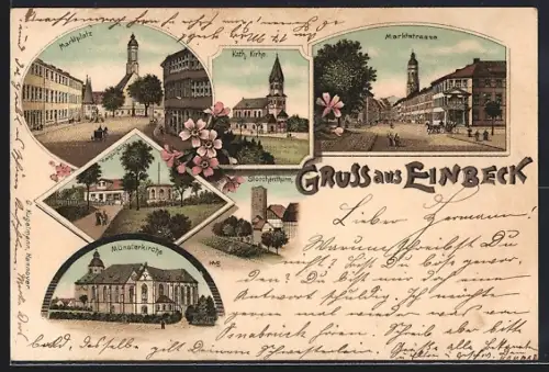 Lithographie Einbeck, Marktplatz, Kath. Kirche, Storchenturm, Münsterkirche