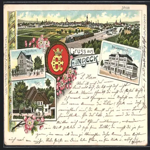 Lithographie Einbeck, Präparandenschule, Techniku, Wappen