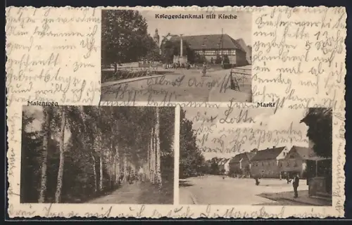 AK Kayna, Kriegerdenkmal mit Kirche, Maienweg, Markt