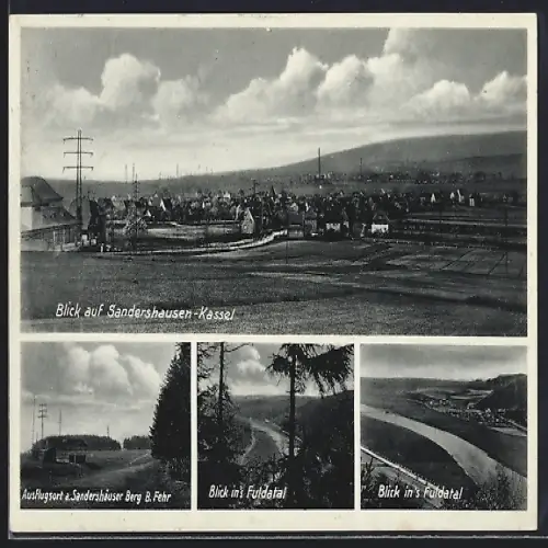 AK Sandershausen-Kassel, Blick ins Fuldatal, Ortsansicht mit Feldern