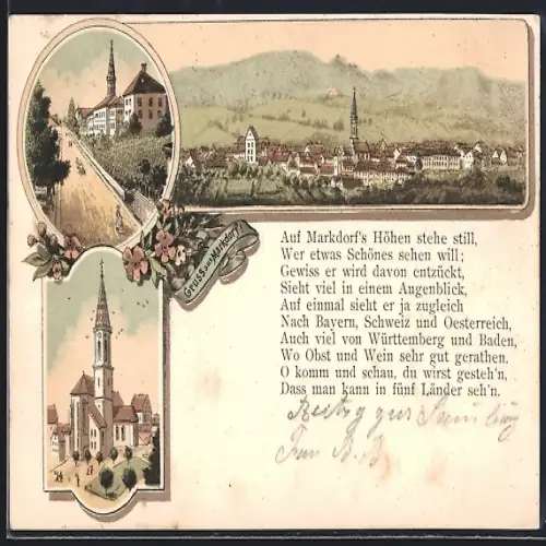 Lithographie Markdorf, drei Motive mit Kirche und Gedicht