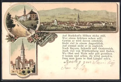 Lithographie Markdorf, drei Motive mit Kirche und Gedicht