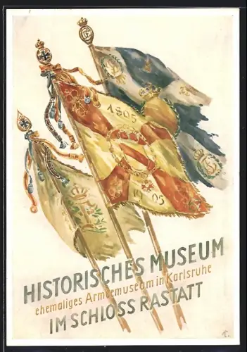 Künstler-AK Karlsruhe, Historisches Museum im Schloss Rastatt, Regiments-Fahnen