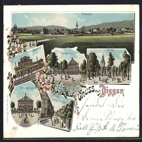Lithographie Dissen / Teutoburger Wald, Bahnhof, Volksschule, Grosse Strasse, Kirche