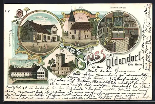 Lithographie Oldendorf /Melle, Gasthaus H. Hakemeyer, Rittergut Ostenwalde, Kirche, Dietrichsburg