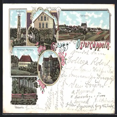 Lithographie Ostercappeln, Hotel der Gebr. Broermann, Windthorsts Geburtshaus, Capellenberg, Kirche und Waldpartie