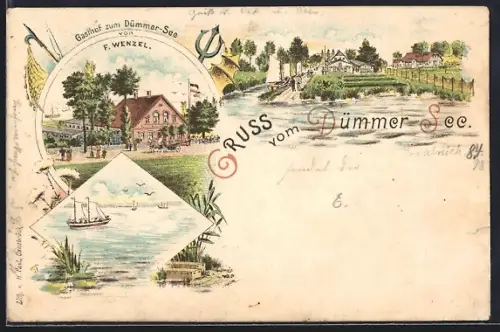 Lithographie Hüde /Diepholz, Gasthof zum Dümmer See von F. Wenzel
