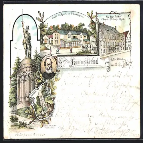Lithographie Detmold, Gasthof C. Reineke auf der Grotenburg, Hotel Stadt Frankfurt, Inh. C. Reineke, Bismarckstein