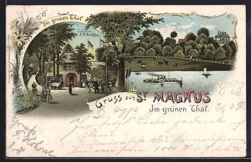 Lithographie St. Magnus, Gasthaus Im grünen Thal mit Gästen, Dampfer auf dem Wasser