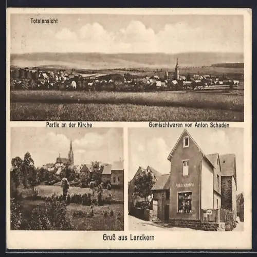 AK Landkern, Gemischtwaren von Anton Schaden, Partie an der Kirche
