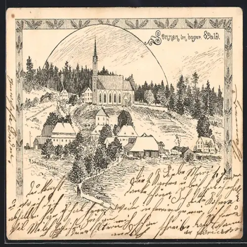 Lithographie Sonnen im bayr. Wald, Ortsansicht mit Kirche