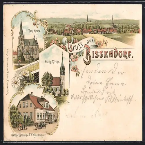 Lithographie Bissendorf / Teutoburger Wald, Gasthof Germania v. J. H. Klausmeyer, Evang. und Kath. Kirchen, Totalansicht