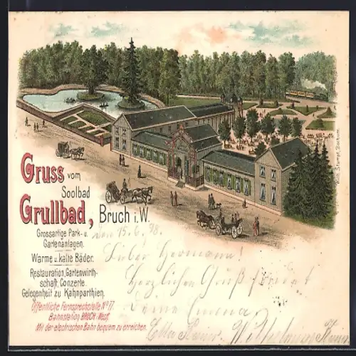 Lithographie Bruch / Recklinghausen, Grullbad mit Parkanlagen