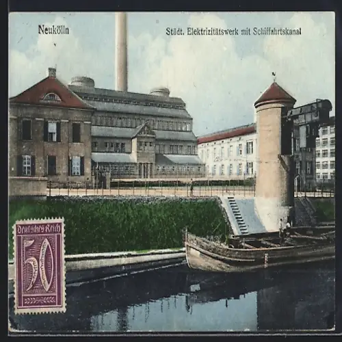 AK Berlin-Neukölln, Städt. Elektrizitätswerk mit Schiffahrtskanal