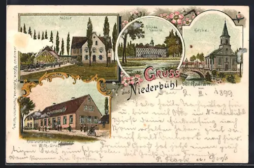 Lithographie Niederbühl bei Rastatt, Restaurant zur Favorite, Bes. Wilh. Gross, Mühle und Kirche