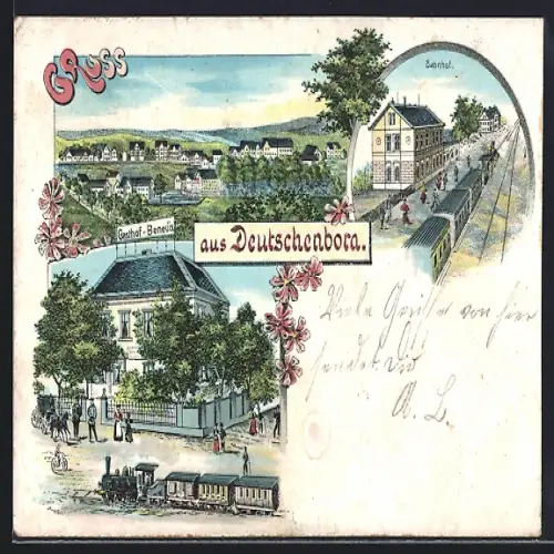 Lithographie Deutschenbora, Gasthof Benedix, Bahnhof und Ortsansicht