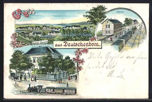 Lithographie Deutschenbora, Gasthof Benedix, Bahnhof und Ortsansicht