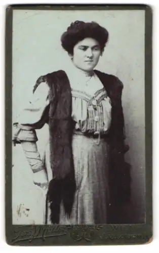 Fotografie Josef Müller, Wien, Rauscherstrasse 14, Porträt einer Dame im eleganten Kleid