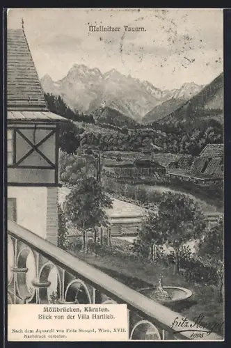 Künstler-AK Möllbrücken /Kärnten, Blick von der Villa Hartlieb mit Mallnitzer Tauern